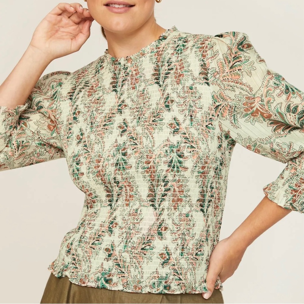SOLD Veronica Beard Kali Printed Smocked Top in Stone Multi 18